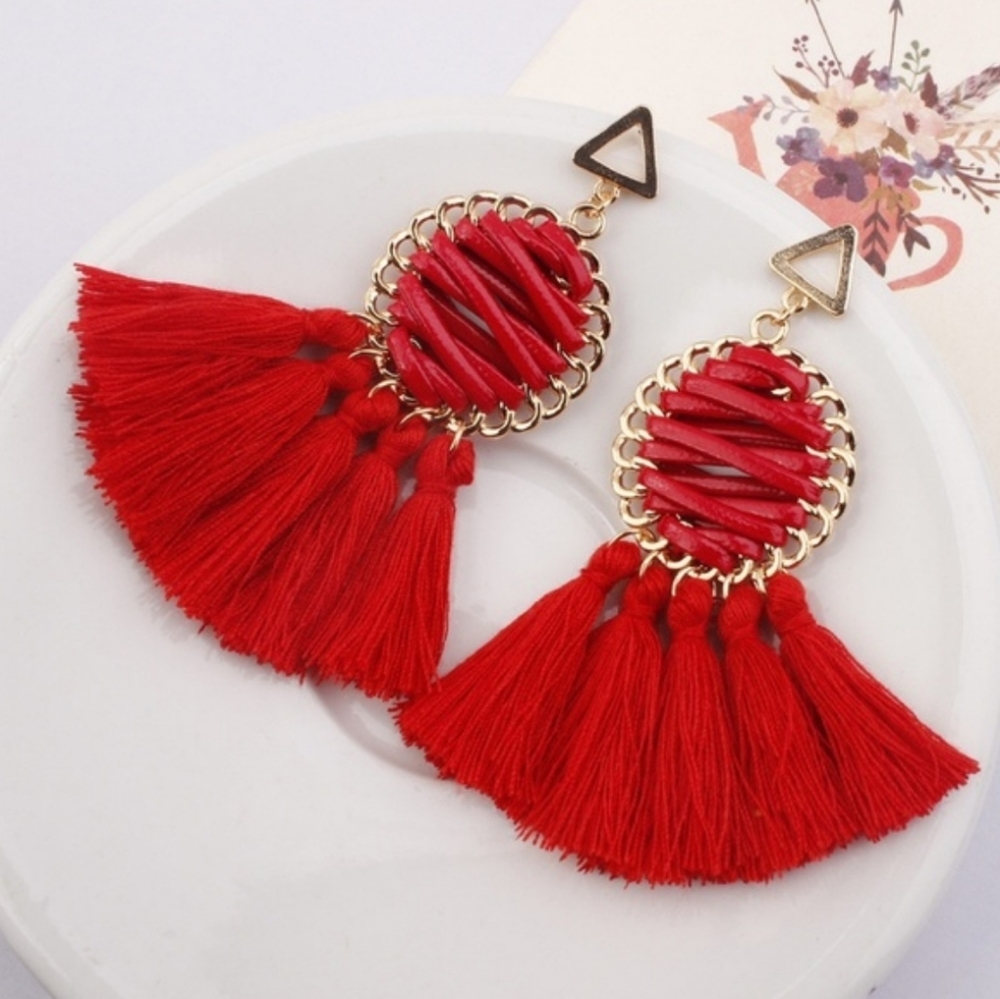 Red Boho Dangle Drop Tassel Earrings